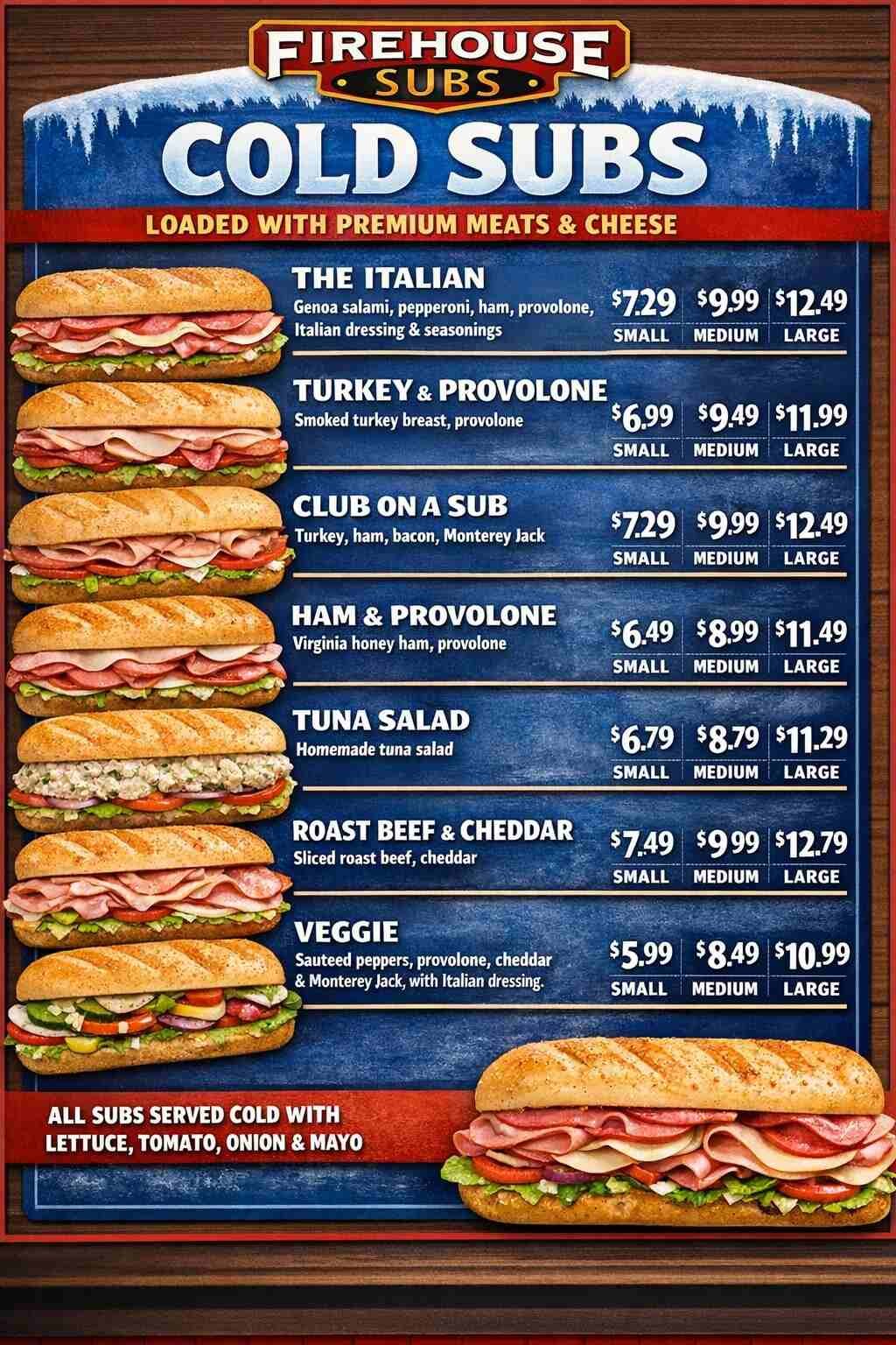 Firehouse Subs Cold Subs Menu